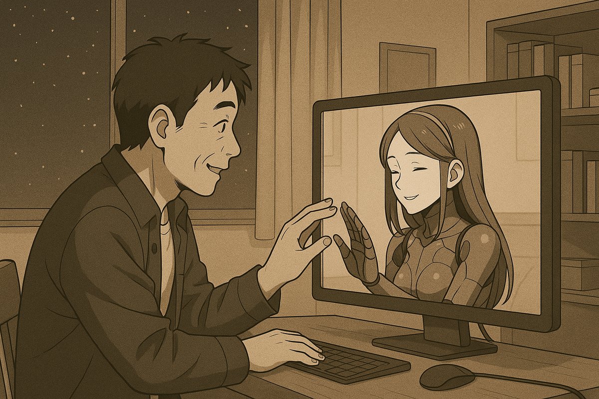 AIレディと手を合わせるたっちゃん